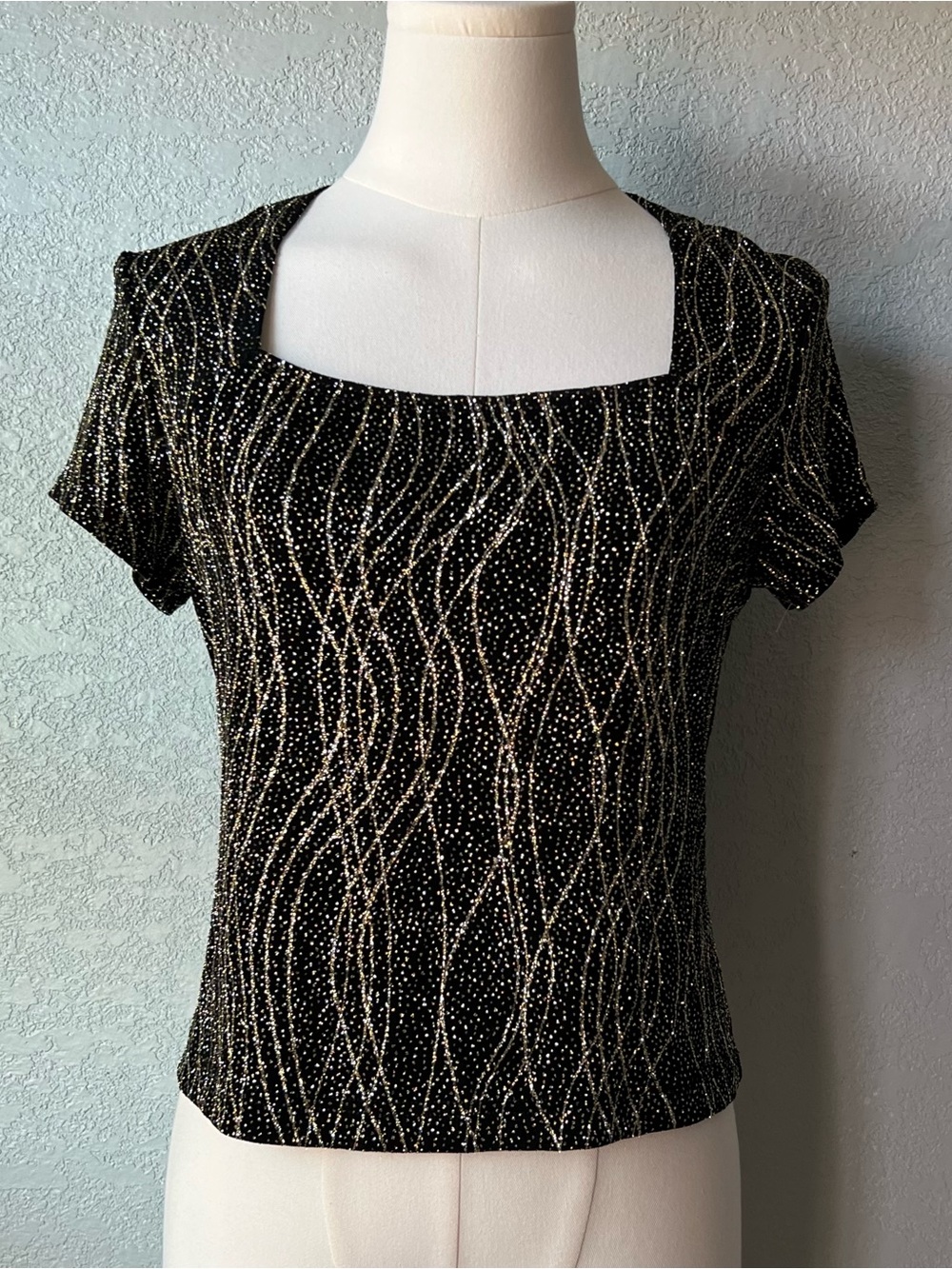 Vintage Ronni Nicole Petite Black Gold Glitter Stretch Top Size Petite Small